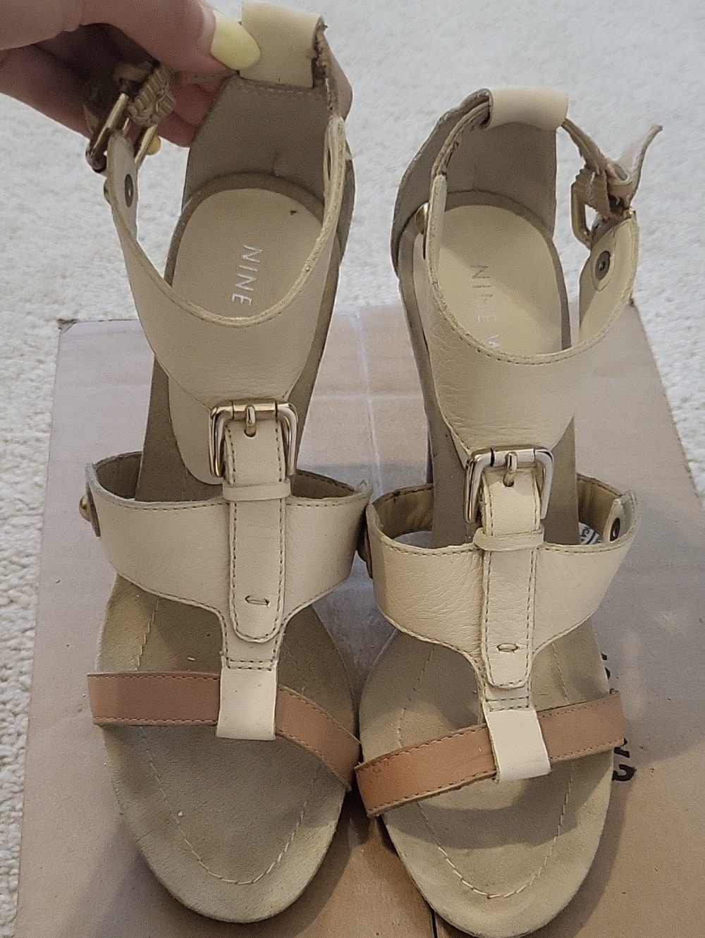 Nine West Cream and Tan Strappy Leather Heels with Buckle